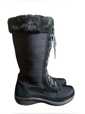 Aetrex Black Lace-Up Tall Winter Boots with Faux Fur Collar,Size 7.5-8